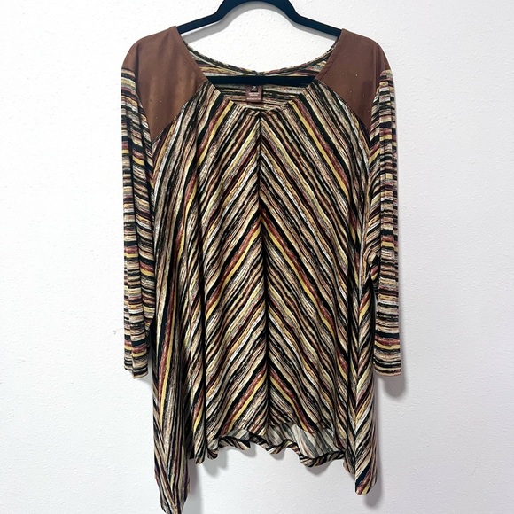 Multiples Brown Asymmetrical liquid knit 3/4 Sleeve Blouse 2X - Picture 1 of 7